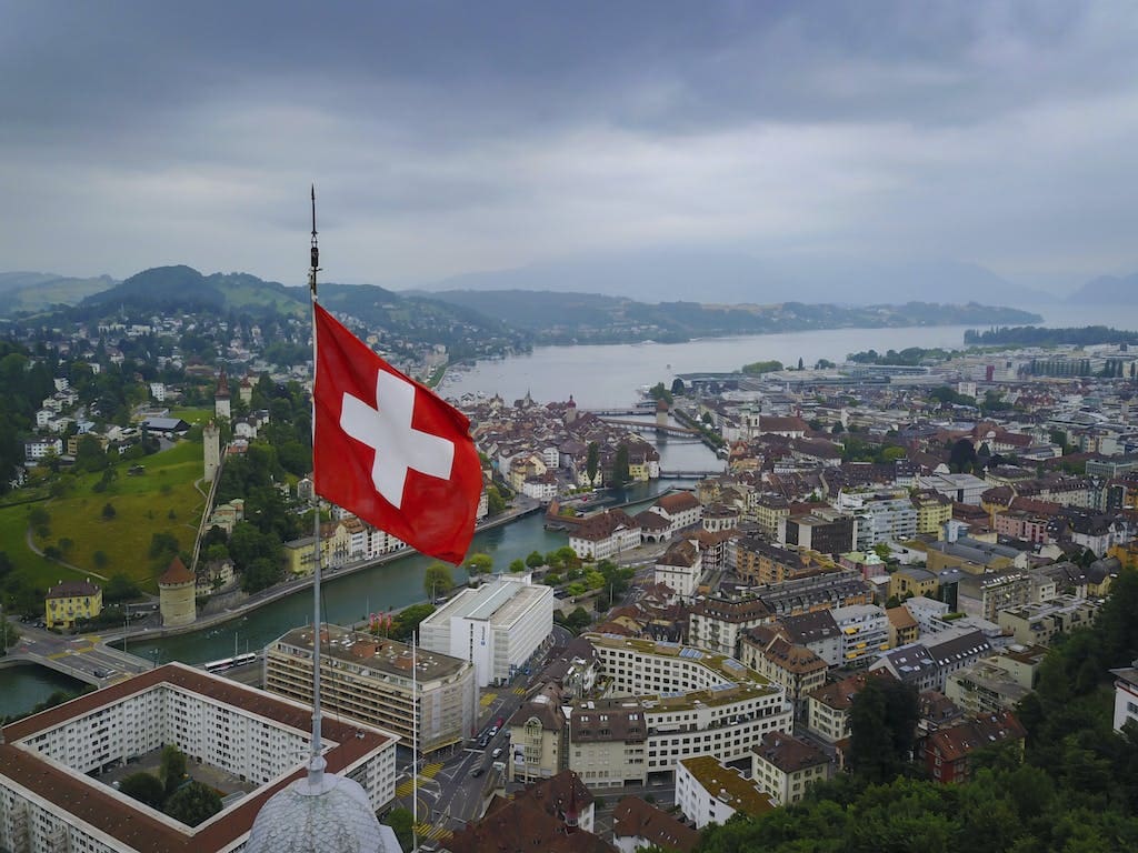 Aerial Shot of Swizz Flag Waving over Lucerne