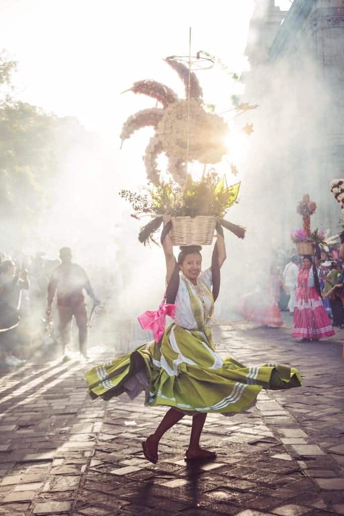 Mexican Woman Dancing with a Flower Basket on Her Head