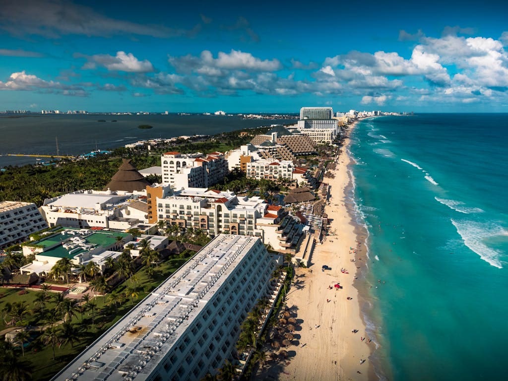 Aerial View of Resorts on the Coast in Cancun, Mexico