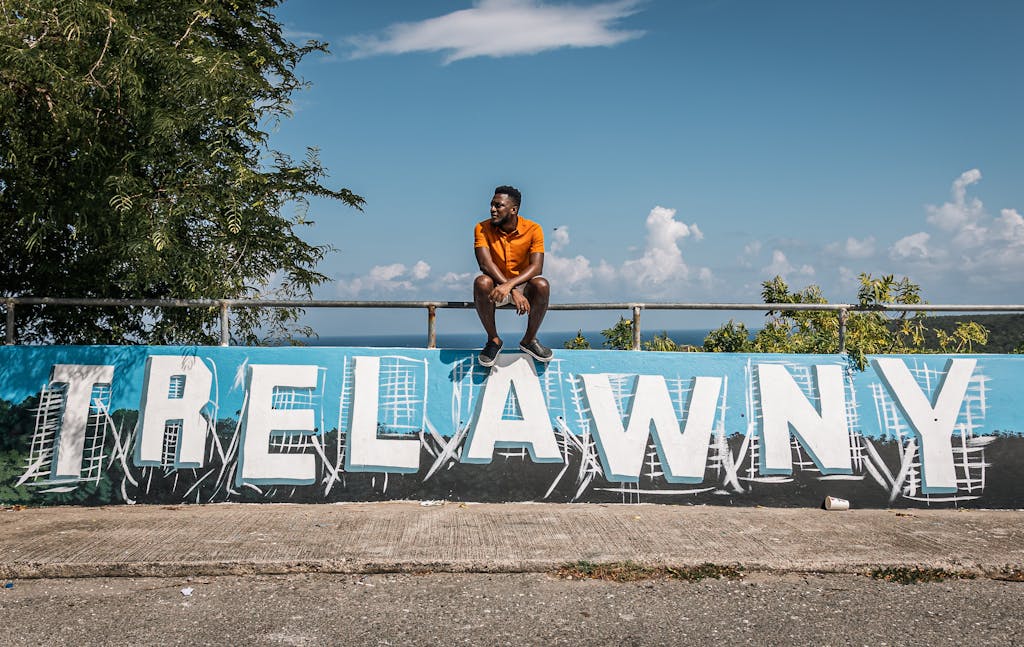 A man in an orange shirt sits on a Trelawny mural, showcasing vibrant street art under a clear sky.